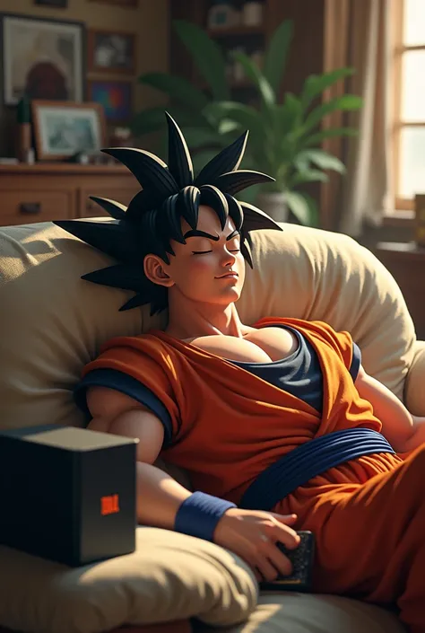 Goku lying at home listening to Jbl speaker