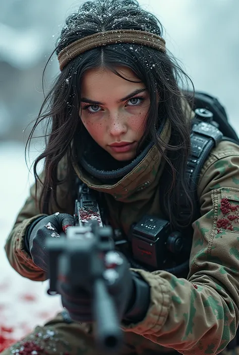 hight quality, Realistic, very cute beautiful girl, male full face mask, male die, male neck slashed, male neck bloody splash, male ninja, deadly girl, girl delta force, girl Camuflase delta force, very thick hair, beauty headband girl, snow, girl cut thro...