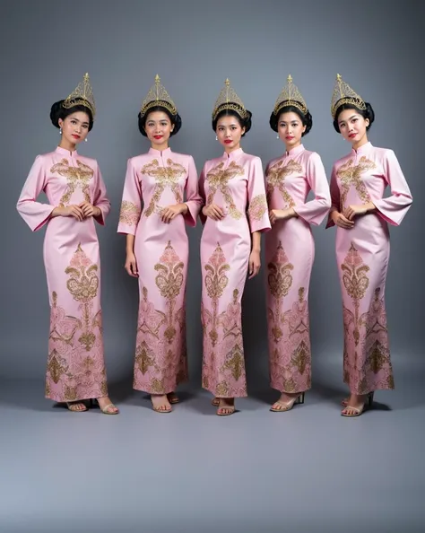 Five young Asian women wearing Indonesia traditional pink and gold patterned dresses and headdresses, posing together in front of a gray background