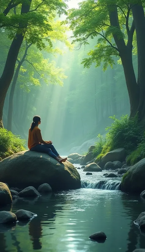 A realistic image of a person sitting peacefully on a large rock beside a calm forest stream. They are gazing at the gently flowing water, surrounded by lush green trees and dappled sunlight filtering through the canopy. Their posture is relaxed, symbolizi...