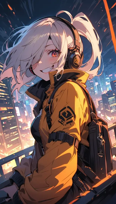  beauty　protective clothing　headband　 Headphones 　 Japanese Knife 　 assault rifle 　 ponytail　 hair over one eye　 crazy smile　Reckless attitude　Evil expressions　Provocative attitude　 Cyberpunk　Machine City　rooftop　Overlooking the city