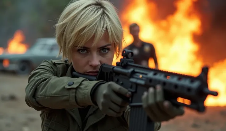 
The image shows a woman with short blond hair dressed in strict clothes. She holds a large-caliber weapon and aims. In the background, a burning car and a human figure, creating an atmosphere of tension and danger. Her focused look emphasizes professional...