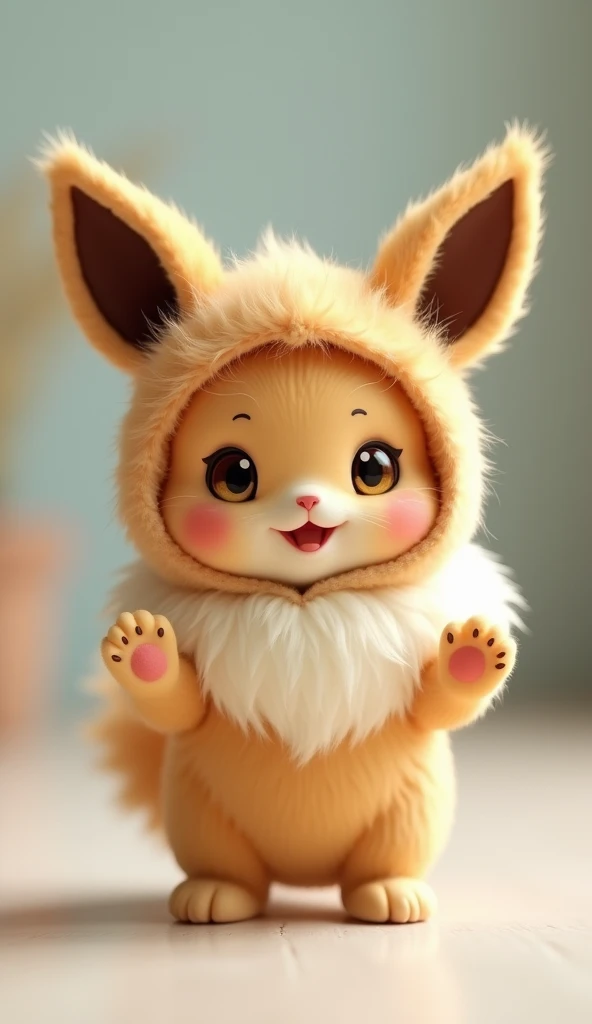  this little 5cm cat ,  with a fluffy Pokemon Eevee costume ,  makes her look like she is smiling cheerfully with her small front legs raised .  miniature size , Fluffy Costume,  with a joyful expression 、The cat is small , A hybrid of smiling cats