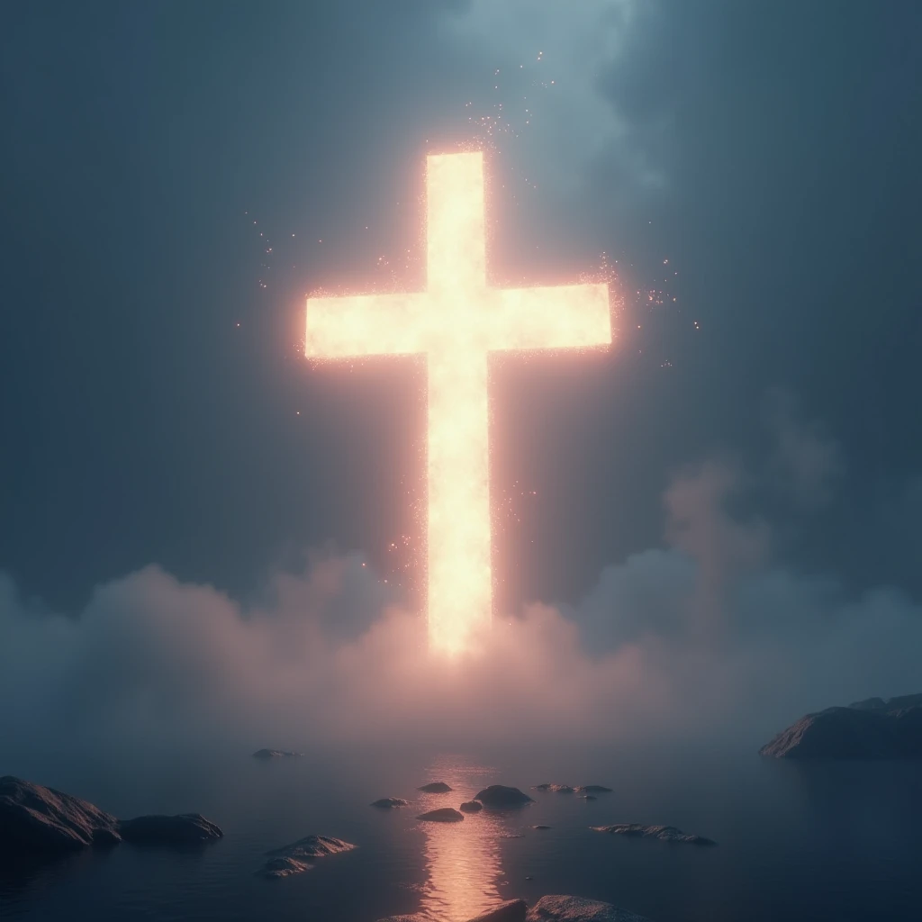 Heavenly cross, ethereal atmosphere, softly glowing light, high resolution, majestic composition, cinematic, serene background, 8k, beautifully lit, peaceful ambiance.