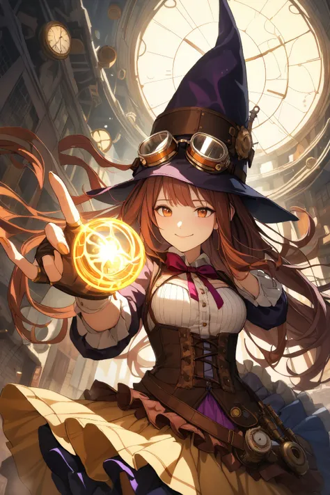 1 girl, (cute face), 18 years old, long hair, (mischievous smile), (wearing goggles:1.2), medium breasts, (dressed in a steampunk wizard outfit), corset and layered skirt, (brass accents), BREAK  
Industrial cityscape, gears and cogs in the background, (ca...