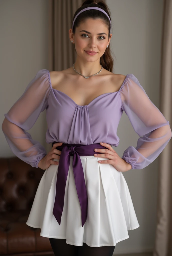 ultra Realistic upper body of a beautiful young bruette German woman with ponytail, headband, Necklace, smile. Beautiful legs and high heels , She stands in the livingroom, She wears a light purple satin top with long transparent tüll sleeves and a tight, ...