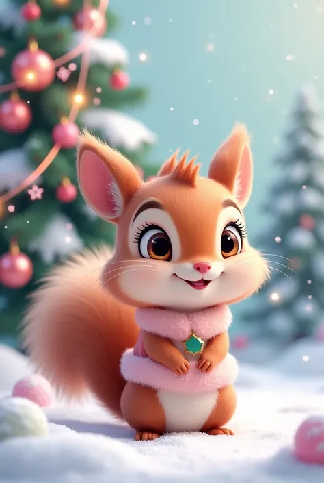 Create a high-q 4K image of a cartoon squirrel for a New Years tale. Squirrel is cute and funny, with big eyes and fluffy long eyelashes. She is dressed in a peach fur coat and has a beautiful fluffy tail. The squirrel looks at the camera, creating a frien...