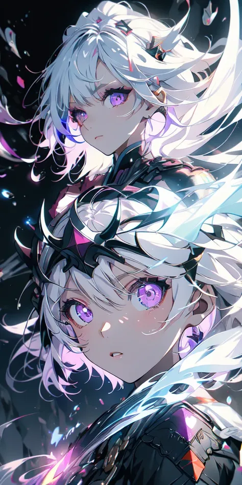  1 girl in uniform,  white hair , Multicolored Hair,  purple eyes, mask on head,  side lighting , Particles of light,  wallpaper,