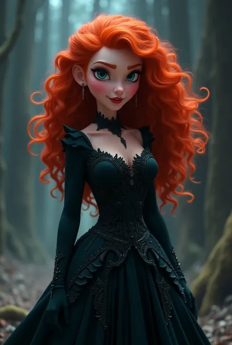 Disney princess Merida reimagined as an evil villain in disney animated style. Make it the same as Merida, but just give her a makeover of a villain in disney animated style. Keep the face the same as the original Merida.  Her dress is similar to her origi...