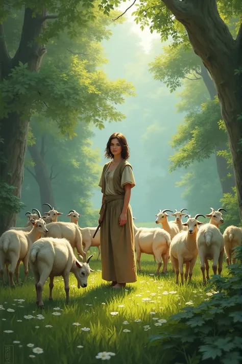 A woman is grazing her goats in a lush green forest, wearing simple clothes, with goats munching grass around her.