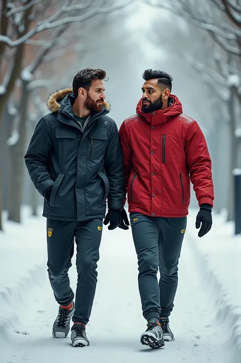 Messi and neymar walking in winter