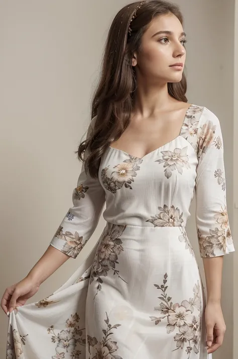 Masterpiece, better quality, portrait, front view, ((half body)), ((beautiful woman)) wearing ((long dress)), ((white dress with brown floral print)), ((sleeve dress)), profile, looking ahead, hands crossed, ((grey background))