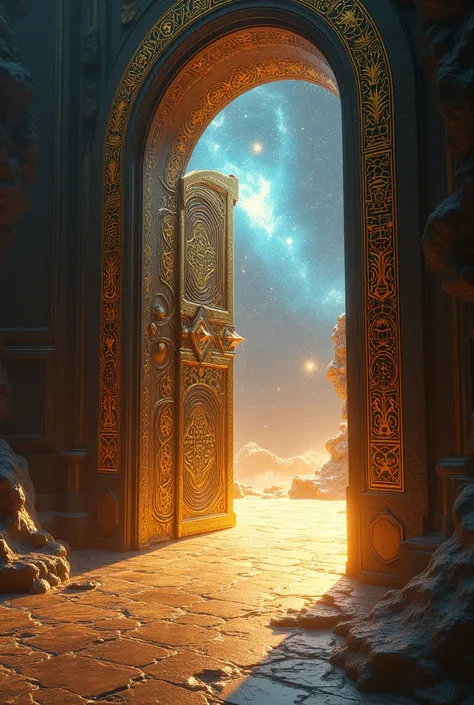  A colossal, ancient door made of gold and obsidian, covered in pulsating inscriptions of Kabbalistic symbols, sacred geometry, and glowing constellations. As the door slowly creaks open, blinding light spills out, revealing a swirling, infinite cosmos fil...