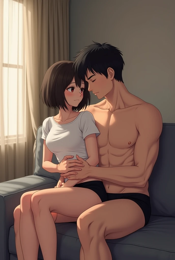  Asian anime girl with short hair wearing a white crop top and black mini skirt sitting on her 32 year old fathers lap with a muscular body and only wearing underwear they look very intimate on the sofa