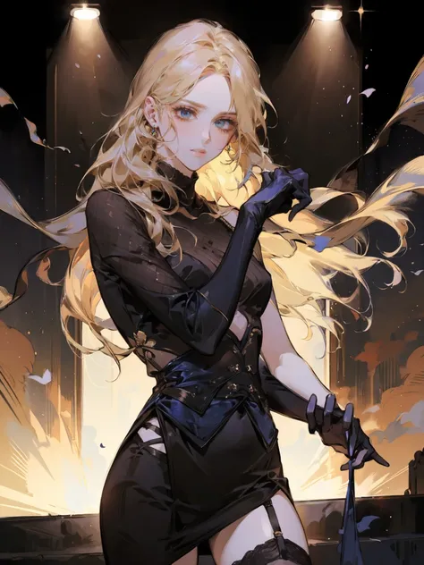 A beautiful woman with blonde hair, ballerina, tragic scene, dynamic pose, stage lighting, martial arts, beautiful pose, black see-through skirt, garter belt, black costume, clingy clothes, black gloves, blue eyes, turtleneck hair