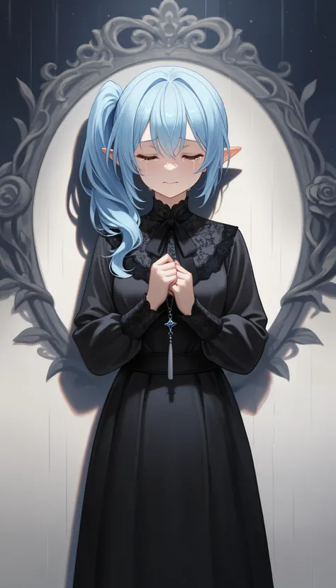 (((Best quality, 8k, Masterpiece: 1.3)), ((best quality)), ((masterpiece)), (detailed), perfect face, perfect body, (detailed skin:1.3), (intricate details), longeyelashes, blue hair, side ponytail, streaming tears, pointy ears, Surrealism, drop shadow, ta...