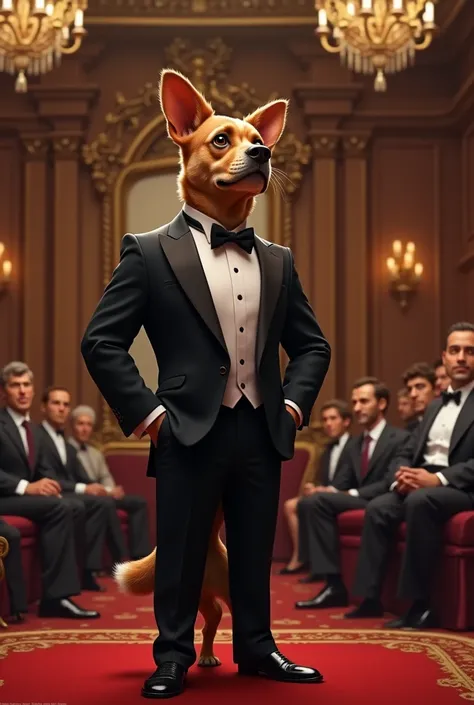 A dog in formal attire giving a speech