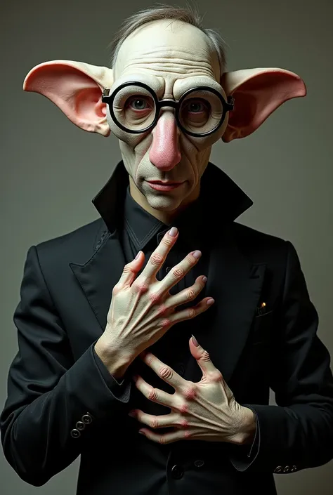 Fassa a man who wears a mask below his chin has big ears, wears glasses and has hands with very crooked fingers and whose name is Ian