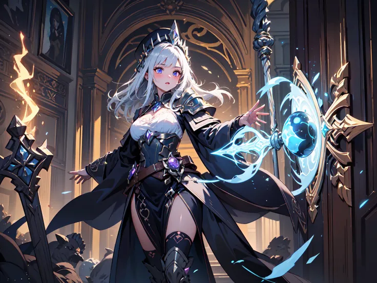 (((masterpiece, best quality, high detailed, 16k))) (1girl) A captivating sorceress with an aura of mystical power, adorned in elegant mage robes interwoven with intricate armor pieces. Her robes are deep purple with silver embroidery, inscribed with ancie...