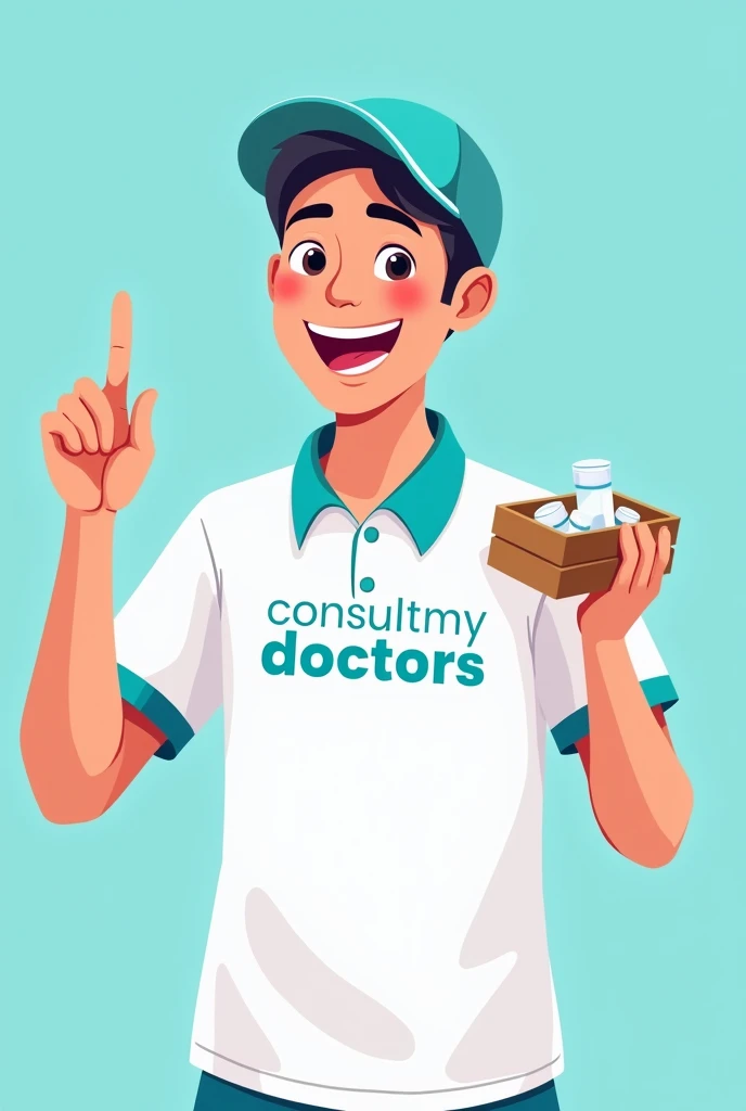 The image is a digital illustration of a young man wearing a White polo shirt with CONSULTMYDOCTORS written on it in turquoise color and a light blue cap. He is standing in front of a light blue background. The man is holding a small wooden box with medici...