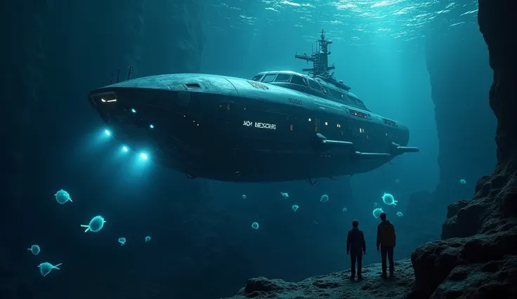 "An advanced NASA research vessel exploring the deep sea, with futuristic underwater technology and scientists studying unique, glowing sea creatures. The scene is dark and mysterious, illuminated by the vessels lights, showcasing the vast, unknown ocean d...