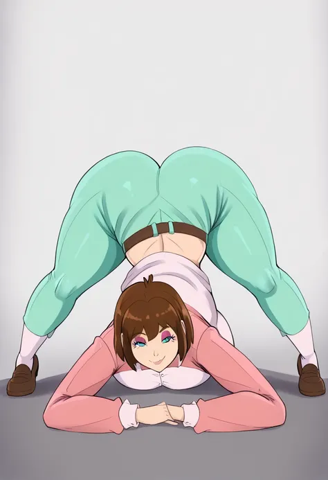 1girl, Solo, Barbara_BM, light skin, light blue eyes, brown eyebrows, brown hair, short hair, pink lips, pink eyeshadow, pink long-sleeved polo shirt, brown belt, green pants, dark brown loafers, Big booty, Gigantic booty, phat booty, big booty, wide hips,...