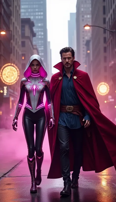 "A cinematic, ultra-realistic scene depicting Gwen Stacy and Doctor Strange walking toward the camera with a sense of determination and unity. Gwen Stacy is dressed in her iconic Spider-Woman suit, a sleek combination of white, black, and magenta with glow...