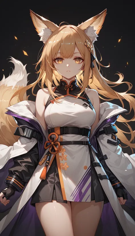 1 girl, solo, front view, reference pose, arms angled downwards, Arknights style, color scheme is black and purple and white, golden eyes, fluffy fox ears and a fluffy fox tail