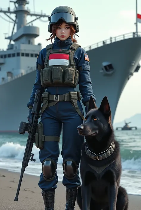 a Korean female soldier is very beautiful and charming, wearing a navy uniform complete with a sniper firearm and wearing a vest with a small Indonesian flag symbol and a name that says OPAY, an army helmet, poses like she is holding the best sniper weapon...