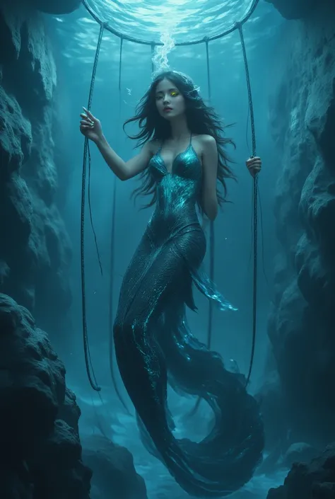 2 beautiful mermaid 
First mermaid is an angry mermaid with long detailed nails, detailed scales, and vivid yellow neon eyes trapped in a cage made of ropes, another beautiful mermaid laughing sarcastically at her in the underwater scene, highly detailed, ...