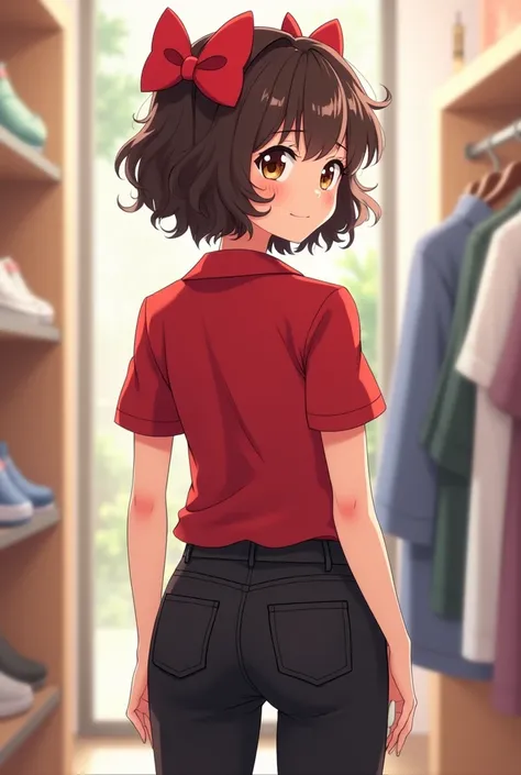 Young anime woman standing in a store, with short brunette curly hair with 2 red bow hairpins on back, brown eyes, wearing red skinny polo shirt with short sleeves and black skinny jeans, looking with smile, view frоm her back