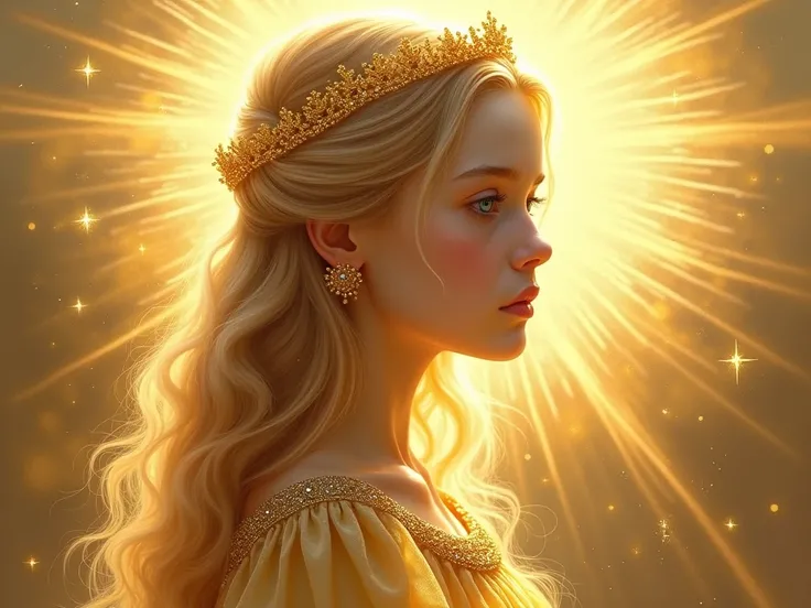  Realistic oil painting of a charming  Russian girl appears as a little goddess under the glare of the sun.  his golden blond hair , long and silky,  falls in delicate waves that shine with light ,  framing an angelic face with pale skin , almost ethereal....