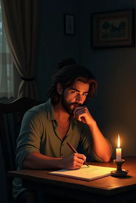 A young man with beard and long hair sitting on a chair while thinking and writing something on a paper on a chair beside a candle in a dark room