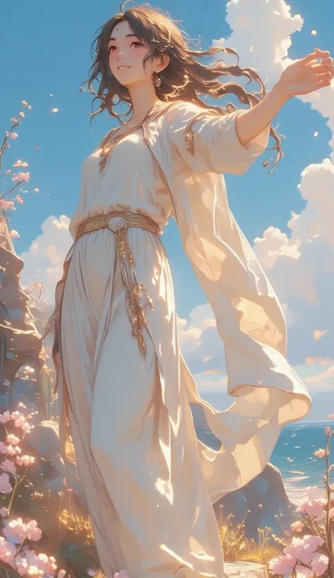 Pose: Venus stands gracefully, one hand slightly raised. Hairstyle: Long wavy hair swaying in the wind. Facial expression: He has a calm and gentle smile. costume: She wears an ancient Greek style costume with beautifully flowing drapes. Background: Beauti...