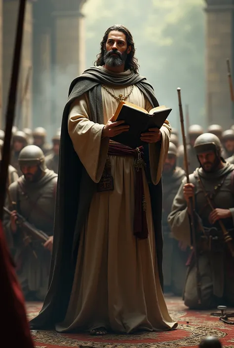 Create 3D image of a religious in the foreground with the Bible in hand, and in the background an army kneeling with heads bowed with weapons 
 in the hands.