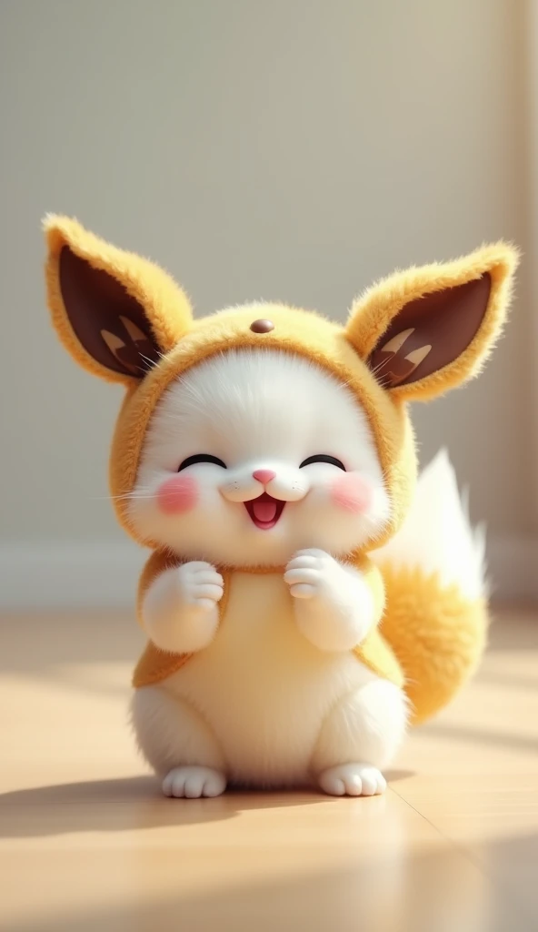  this little 5cm white cat ,  with a fluffy Pokemon Eevee costume ,  makes her look like she is smiling cheerfully with her small front legs raised .  miniature size , Fluffy Costume,  with a joyful expression 、The cat is small , A hybrid of smiling cats