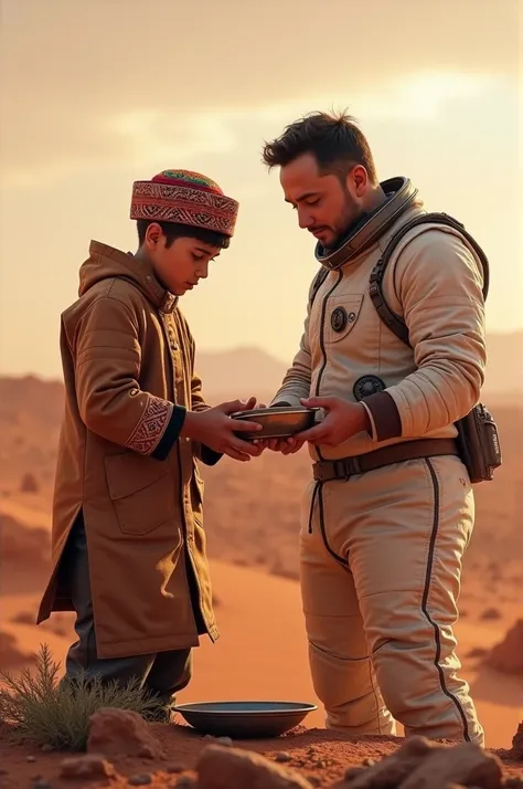 Uzbek boy cooking soup with Elon Musk on Mars