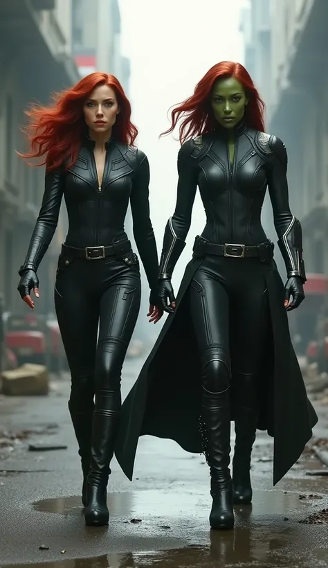 "Create an image of Black Widow and Gamora walking toward the camera in a powerful, cinematic scene. Black Widow is wearing her iconic black leather tactical suit with red accents, sleek and form-fitting, with her iconic red hair flowing behind her. Gamora...