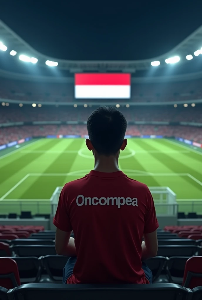 A young Indonesian man with a friendly face facing the front with an Indonesian national team jersey inscribed Oncom Pea. is sitting on the bench of the football stadium, his friendly face is clearly visible in the thin light at night watching the football...