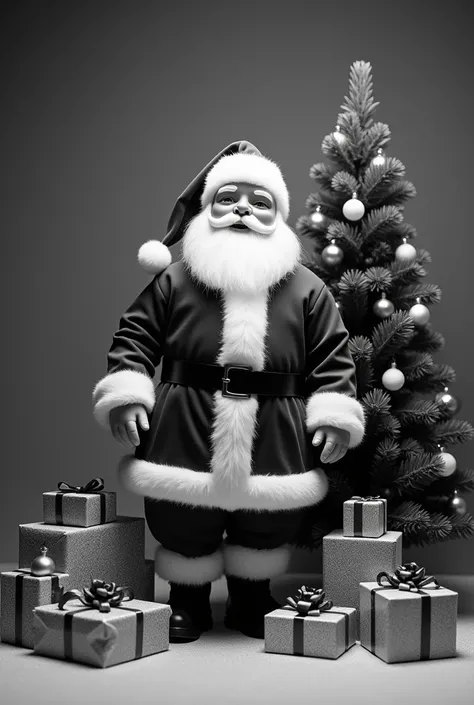 Black and white background photo of cristmas theme with santa cloth cristmas tree gifts and many other things 