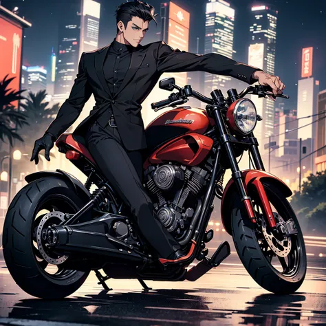 Create an image of a muscular man (tall) 51 years old with black short hair((Quiff hairstyles)) , handsome,blue eyes, face details, wearing a Black shirt layered with a black suit. He is dressed in black slack , black motorcycle gloves, and black combat bo...