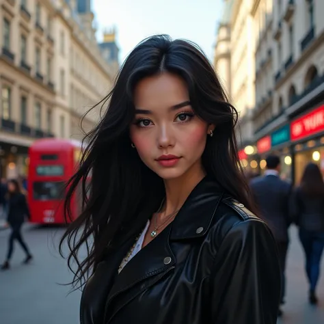 28-year-old girl with long black hair raven on the streets of London

