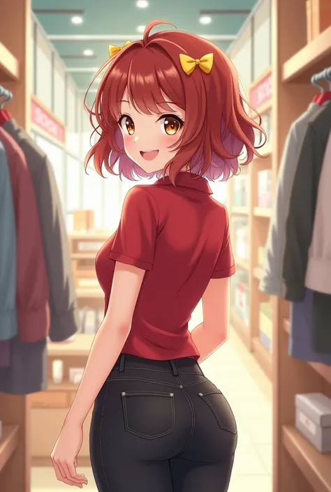 Young anime woman standing in a store, with short reddish-brown curly hair with 2 small yellow bow hairpins on back, brown eyes, wearing red skinny polo shirt with short sleeves and black skinny jeans, looking with smile, view frоm her back