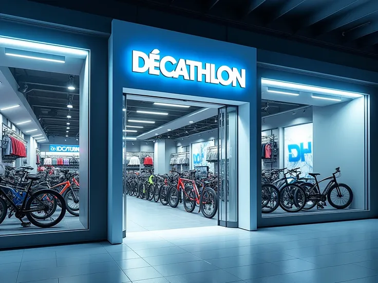 The Decathlon shop infront frame, bikes in background, futuristic style, High Resolution