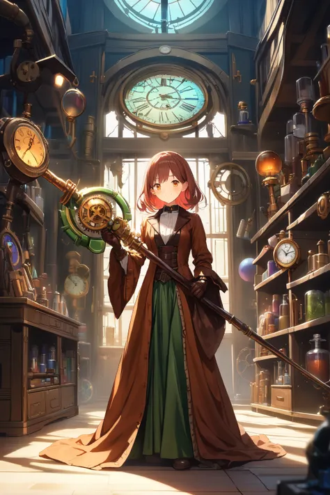 1 girl, (cute face), , medium-length hair, (confident expression), (holding a clockwork staff:1.2), small breasts, (wearing a steampunk robe), layered fabric, (leather gloves), BREAK  
Victorian-inspired laboratory, shelves filled with potions, (surrounded...