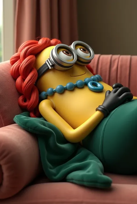 "((Side view.)) ultra realistic 3D rendering, a Female Minion (Rose) lying on a plush couch. Her yellow cylindrical body humorously reclined in an exaggerated pose. She has large goggles on her face and long red hair in form of curls on her head. She is no...