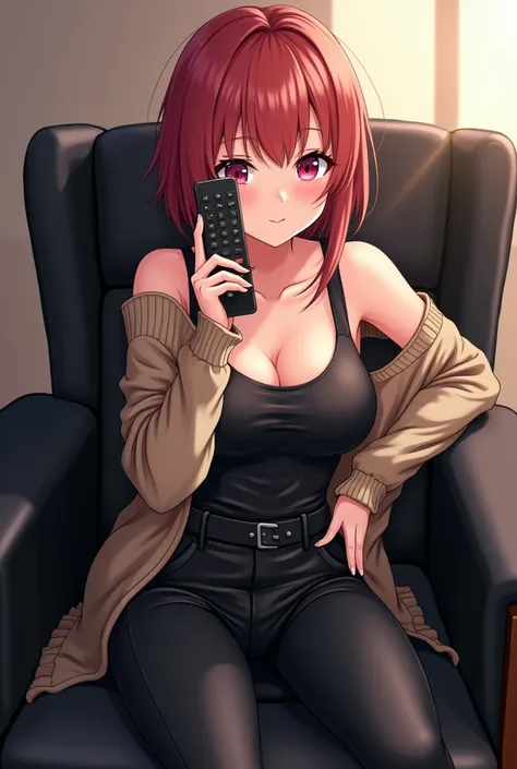 Anime Teenage Woman Has Short, Reddish Hair, with big and expressive eyes of pink color or similar She wears a beige knitted sweater that leaves one shoulder uncovered and has a black leather t-shirt with bare shoulders and black leather pants and black le...