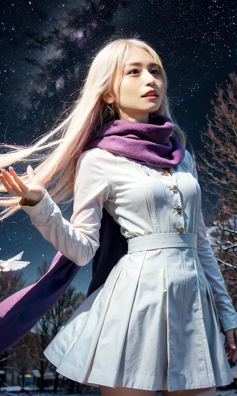 (   When she casts a spell, a legendary ice pigeon appears in the sky around her、 Magic Rim、staring at something、Diamond dust flutters、クリーム色のhair、  Heavy snowfall area    、  Its snowing 、   blue eyes、   blue eyes、white winter clothes   、  watching the nigh...