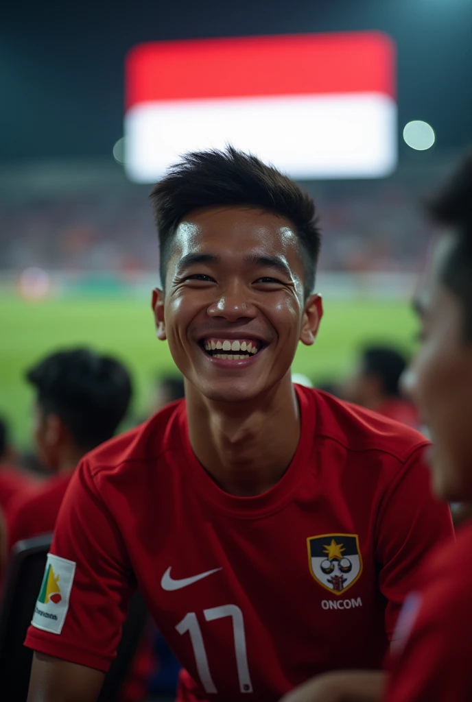 A young Indonesian man is clearly visible smiling face facing the front with an indonesian national team jersey inscribed Oncom 17 Pea.He was sitting on the bench Selfi football stadium, his friendly face was very thin at night watching the football match ...