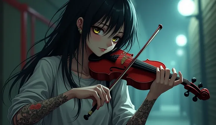 tokyo ghoul girl killer anime, playing violin,  tattoo on arms ,